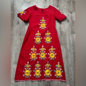 Vintage Red Floral Embroidered Dress